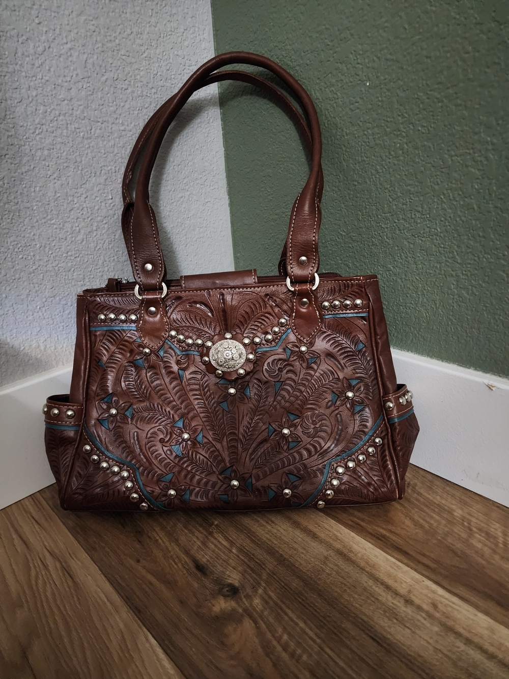 American West Genuine Leather Tooled Western Tote Purse Brown Turquoise